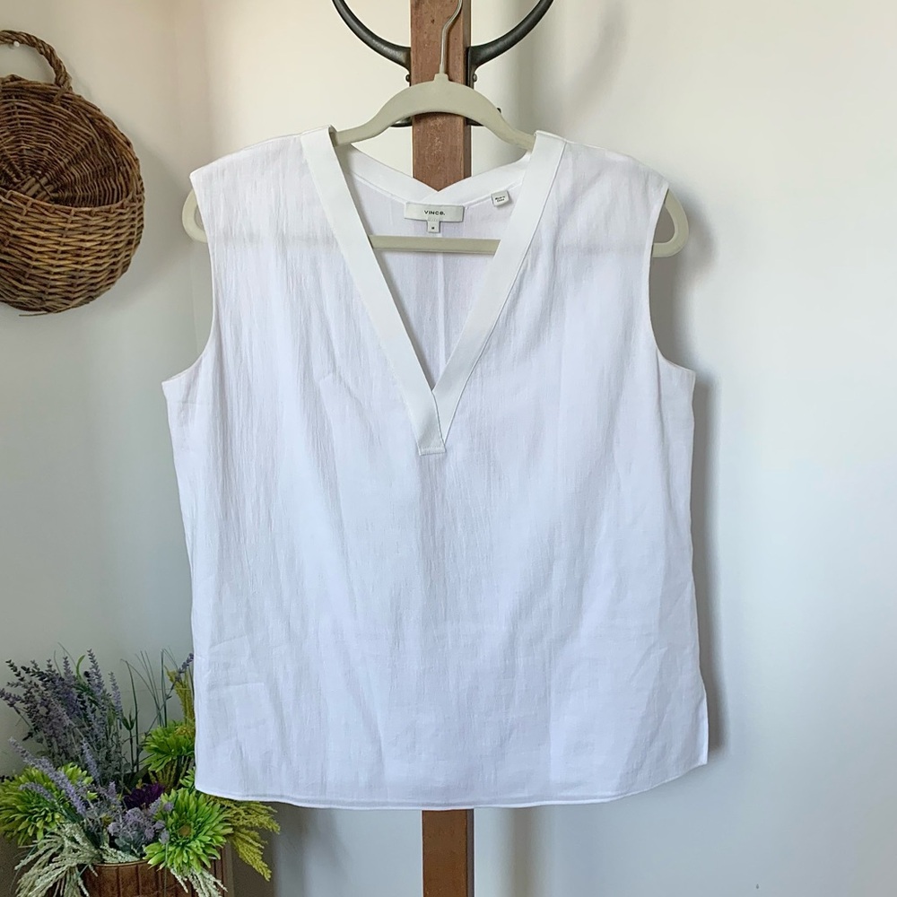 Vince Rib Knit Trim Sleeveless V Neck Gauzy Cotton Top in Optic White MED - Picture 15 of 16